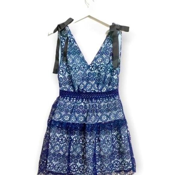 New Authentic Tiered Navy and Light Blue Lace Dress by Self Portrait. Size 4. - Picture 4 of 5